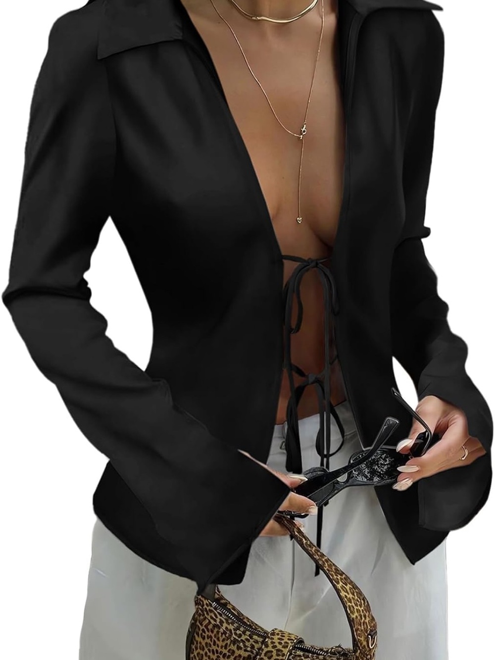 Black Satin tie front shirt